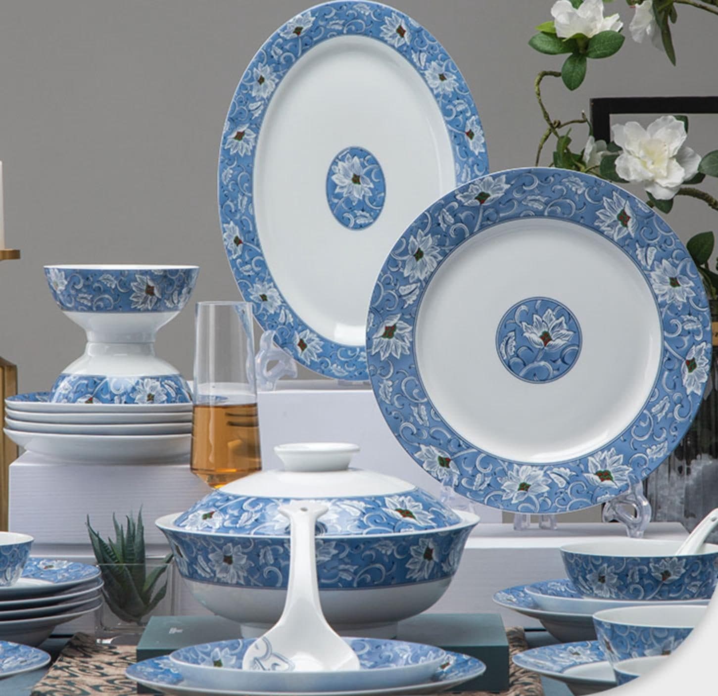 Red Leaf Blue Brocade Lily — a 58-piece Chinese porcelain dinner service