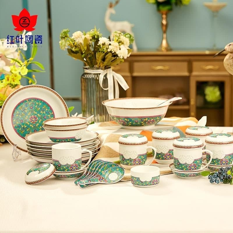Red Leaf Linglong — Water Reflections — a 39-piece Chinese porcelain dinner service