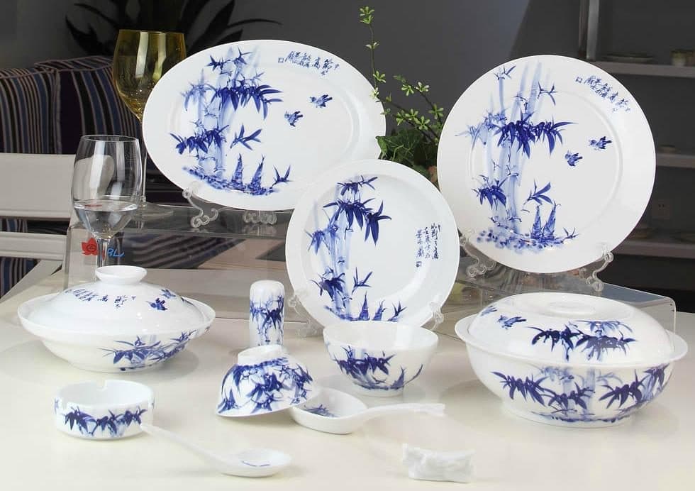 Red Leaf Underglaze Hand-Painted Blue & White — Ever Rising — a 66-piece Chinese porcelain dinner service