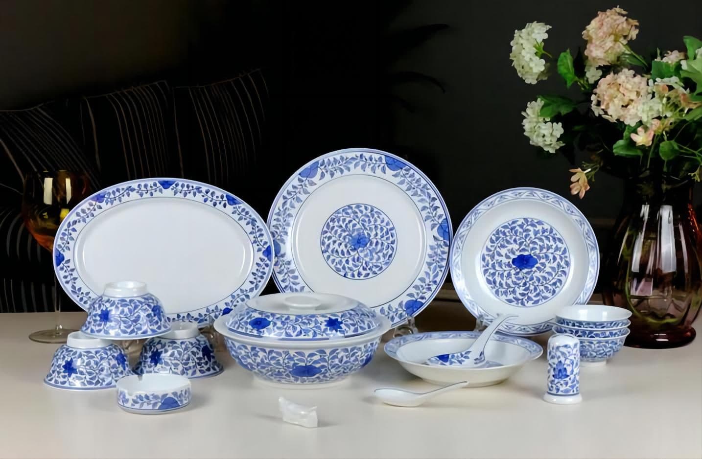 Red Leaf Underglaze Hand-Painted Blue & White Interlocking Lotus Scroll — a 56-piece Chinese porcelain dinner service